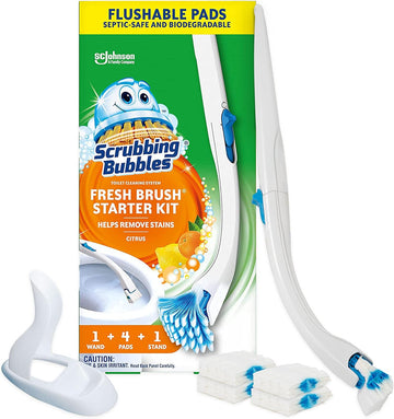Scrubbing Bubbles Toilet Bowl Brush and Holder with Toilet Cleaner Refill Pads, Fresh Brush Toilet Wand Starter Kit, Cleans Limescale & Fights Odors, Citrus Scent, 1 Toilet Wand + 4 Refills + 1 Stand