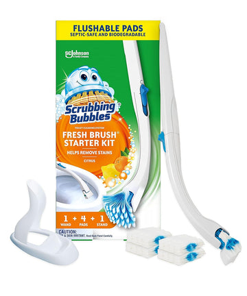 Scrubbing Bubbles Toilet Bowl Brush And Holder With Toilet Cleaner Refill Pads, Fresh Brush Toilet Wand Starter Kit, Cleans Limescale & Fights Odors, Citrus Scent, 1 Toilet Wand + 4 Refills + 1 Stand