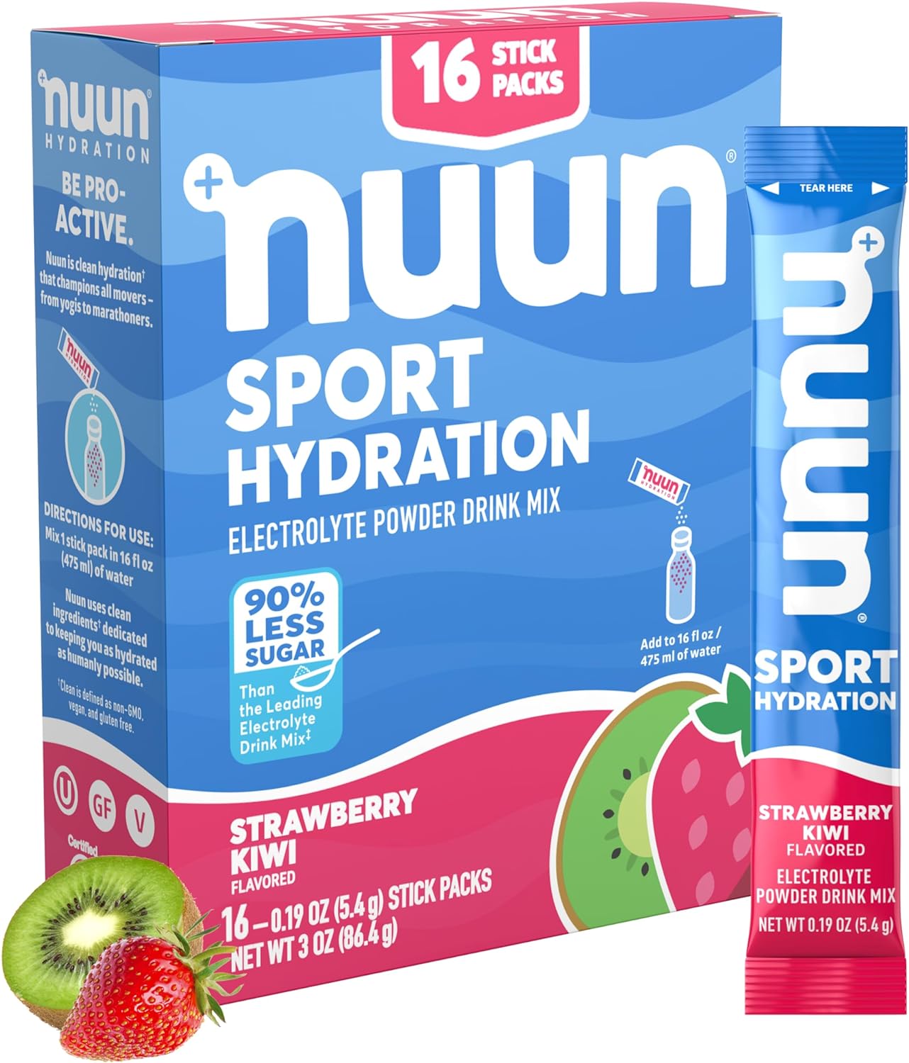 Nuun Sport Electrolyte Powder Packets - Strawberry Kiwi Flavor | 5 Essential Electrolytes For Hydration | Easy Open Drink Mix With Magnesium | 1G Sugar | Non Gmo, Vegan | 16 Single Serving Sticks