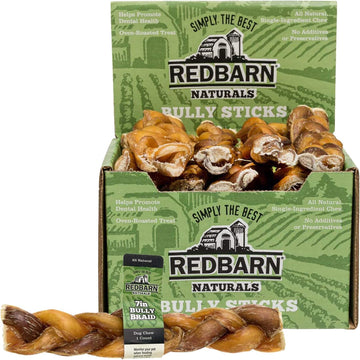 Redbarn 7" Braided Bully Sticks For Dogs. Natural, Grain-Free, Highly Palatable, Long-Lasting Dental Chews Sourced From Free-Range, Grass-Fed Cattle (20 Sticks)