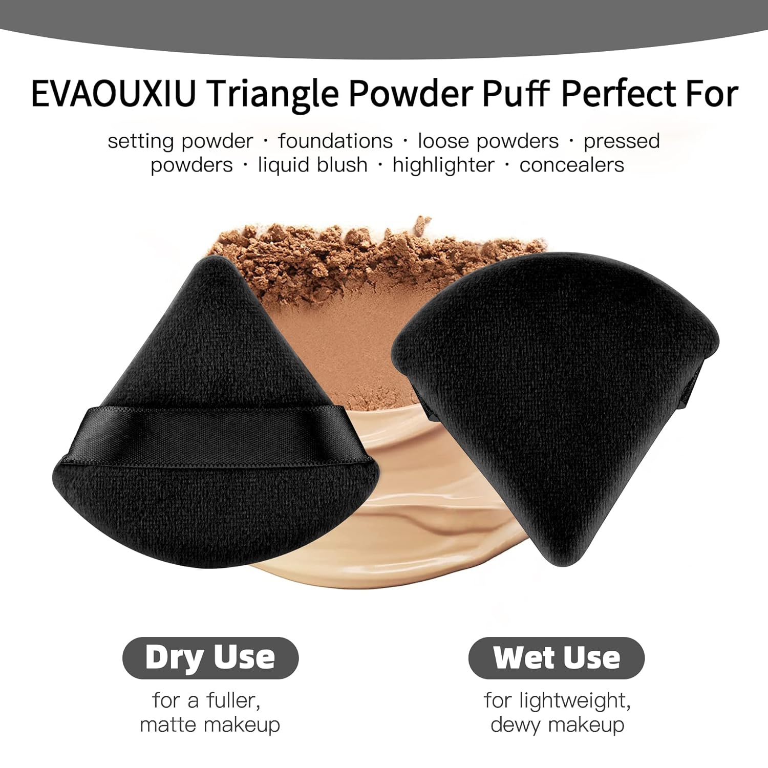 2 Pcs Evaouxiu Triangle Powder Puff For Face Powder, Soft Plush Setting Powder Puff, Velour Cosmetic Foundation Blender Sponge Beauty Makeup Tools (Black)