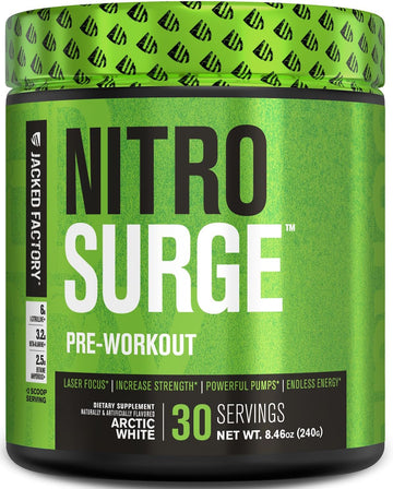 Jacked Factory Nitrosurge Pre Workout Supplement - Endless Energy, Instant Strength Gains, Clear Focus, Intense Pumps - No Booster & Powerful Preworkout Energy Powder - 30 Servings, Arctic White