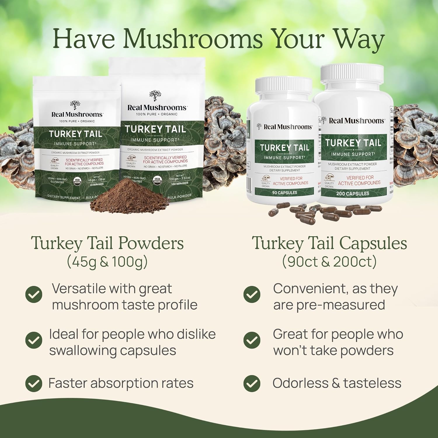 Real Mushrooms Turkey Tail Capsules - Organic Mushroom Supplement with Potent Turkey Tail Mushroom Extract for Gut, Energy, Brain, & Immune Support - Vegan Mushroom Extract, Non-GMO, 90 Caps : Sports & Outdoors