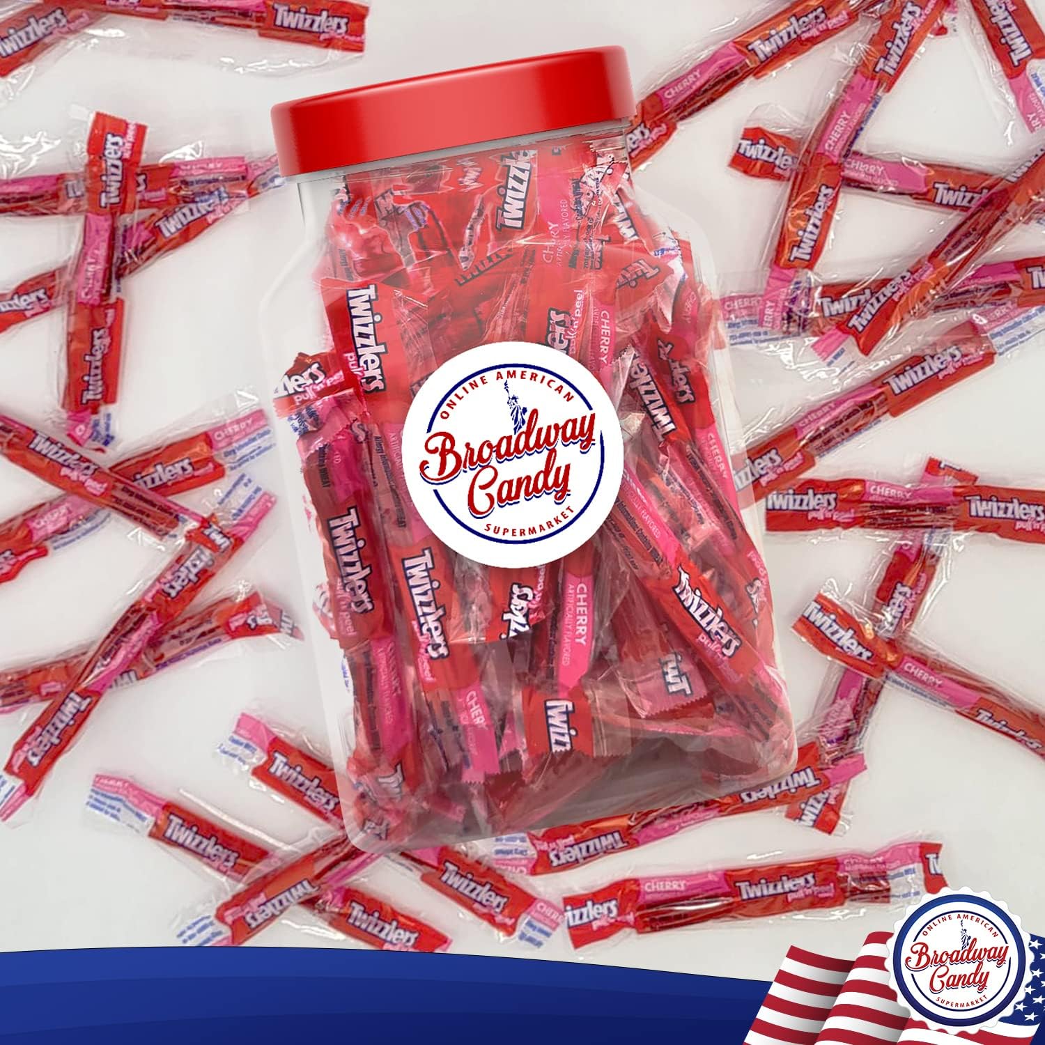 Broadway Candy Confectionery Jar 750g - Twizzler Pull n Peel Cherry - Individually Wrapped American Sweets - Bite-Sized Candy Treats - Approximately 60 Pieces