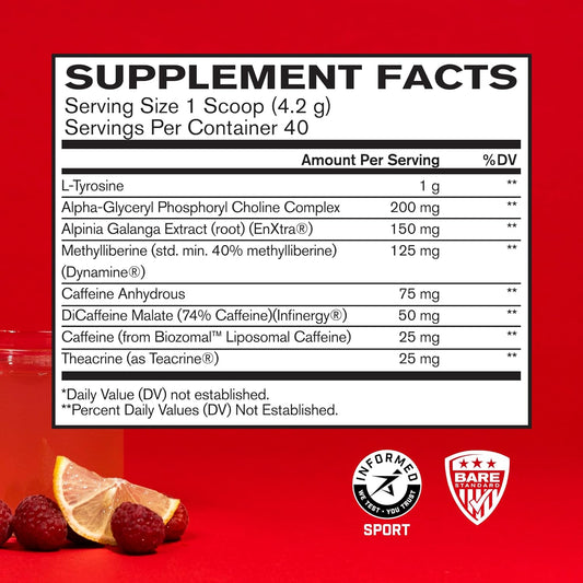 Bare Performance Nutrition, Bpn In-Focus Brain Support Supplement, Improve Focus & Energy, Alpha Gpc, Raspberry Lemonade, 40 Servings