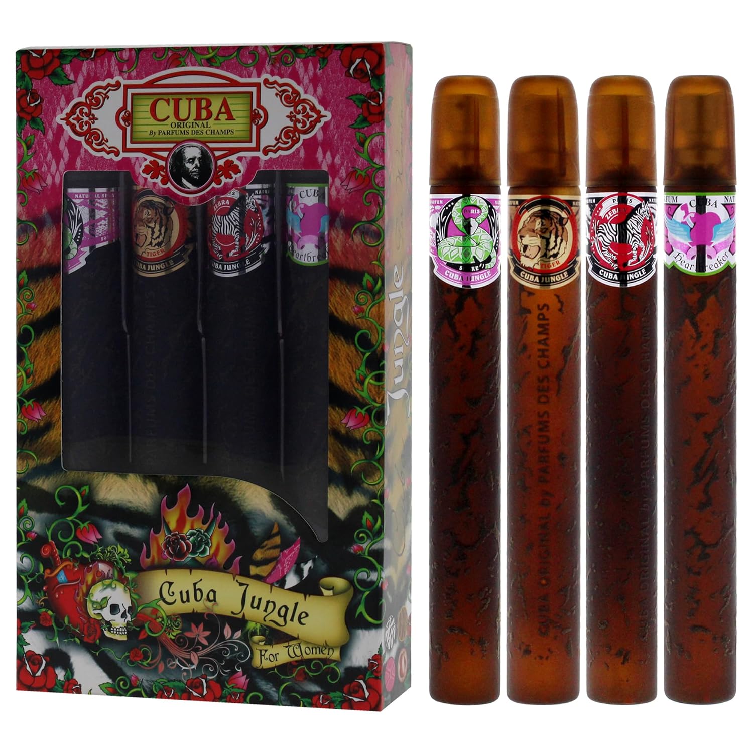 Cuba Jungle 4 Pieces Gift Set For Women, (Snake + Tiger + Zebra + Heartbreaker 4×1.17 Ounce Eau De Parfum Spray) : Fragrance Sets : Beauty & Personal Care