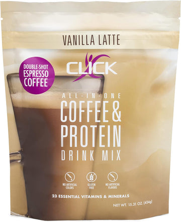 CLICK Coffee Protein Powder | Double Shot Espresso | 16g Protein | 23 Essential Vitamins | Low Calorie Meal Replacement | 150mg Caffeine | Gluten Free | No Artificial Flavors or Colors | Vanilla
