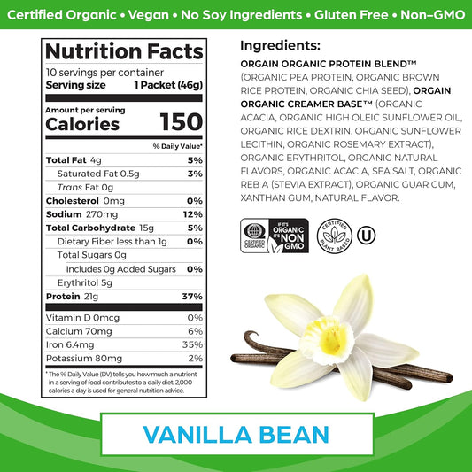 Orgain Organic Vegan Protein Powder, Vanilla Bean - 21G Plant Protein, 5G Prebiotic Fiber, Low Carb, No Lactose Ingredients, No Added Sugar, Non-Gmo, For Shakes & Smoothies, 10 Travel Packs