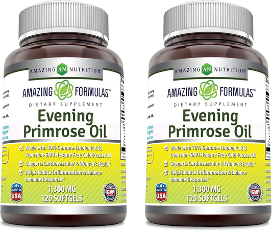 Amazing Formulas Evening Primrose Oil 1300 Mg, 10% GLA, 120 Softgels - Hexane Free Cold Pressed Oil -Supports Cardiovascular Function and Women's Health (120 Count (2 Pack))