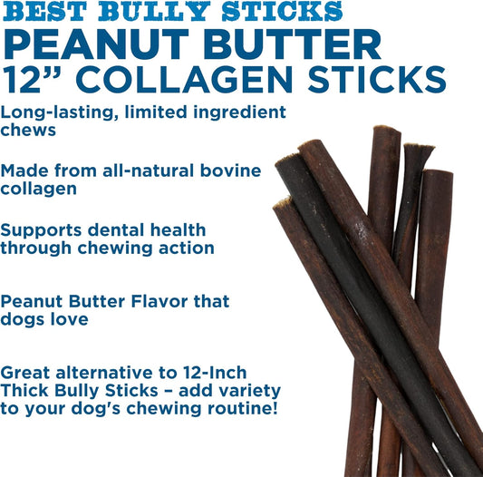 Best Bully Sticks All Natural Peanut Butter Flavor Beef Collagen Sticks - 12 Inch 6 Pack - Long Lasting Limited Ingredient Dog Chew - Supports Healthy Joints, Skin & Coat