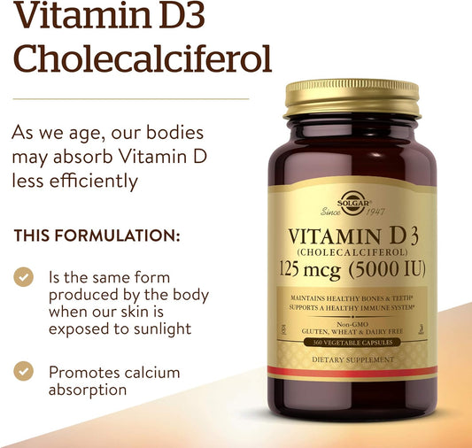 Solgar Vitamin D3 Cholecalciferol 125 Mcg 5000 Iu Vegetable Capsules Helps Maintain Healthy Bones Teeth Immune System Support Non Gmo Gluten Free Dairy Free Kosher Servings - 360 Count