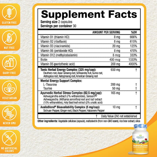 RidgeCrest Herbals Adrenal Fatigue Fighter, Stress and Energy Support Supplement with Ashwagandha, L-Theanine, Ginseng, Schisandra, Taurine, Holy Basil, Adaptogens, B Vitamins (60 Vegan Caps, 30 Serv)