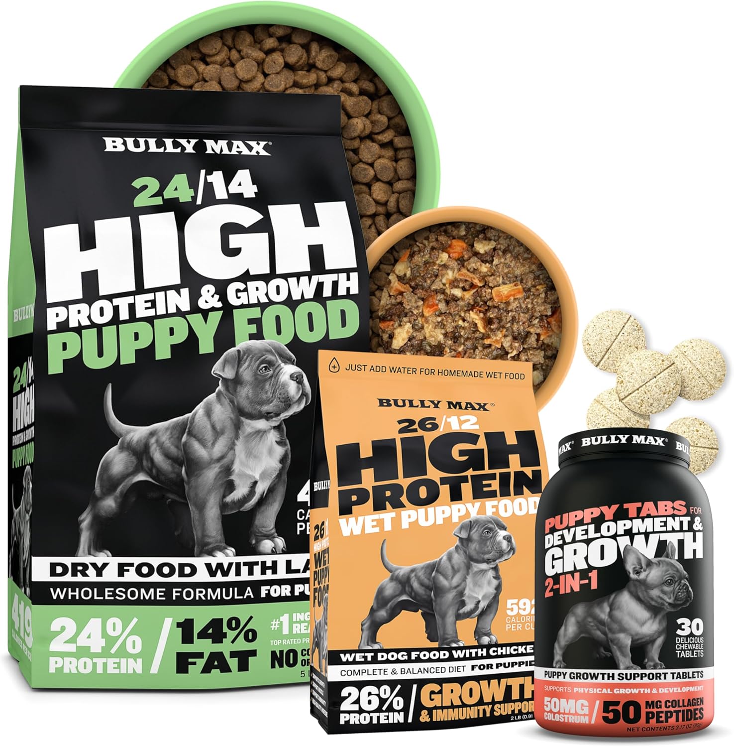 Bully Max Complete Puppy Nutrition Bundle - Dry Puppy Food & Dehydrated Wet Dog Food, Plus Chewable Vitamin Supplement Tablets For Small & Large Breed Puppies - Supports Growth, Health And Immunity