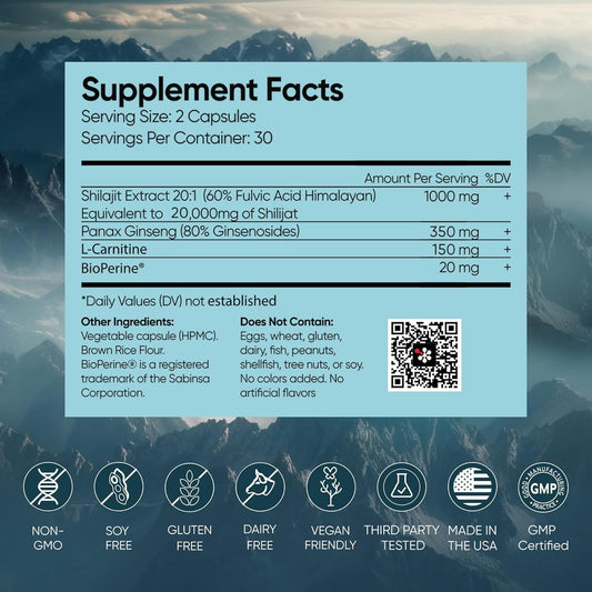 Pure Himalayan Shilajit Supplement, 60 Capsules, Extract Powder, 60% Fulvic Acid, 85+ Trace Minerals, Energy & Immune Support Shilajit For Men & Women, Alternative To Authentic Resin Or Pills Usa Made
