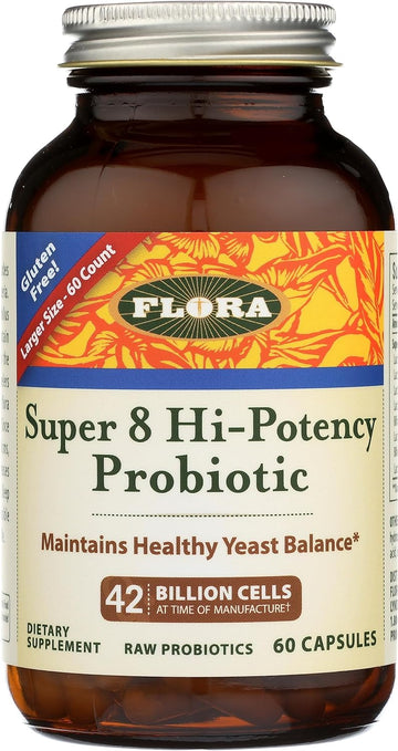 Flora - Super 8 Hi Potency Probiotics 60 Count - Healthy Yeast Balance & Digestive Health - For Men & Women - 42 Billion Cfu, Raw, Gluten Free - Up To 2 Month Supply