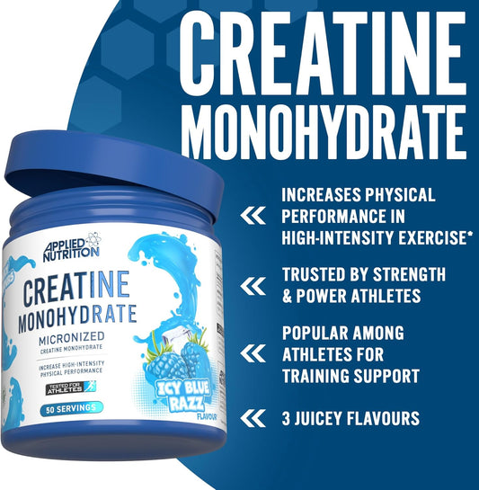 Applied Nutrition Creatine Monohydrate Powder 250G – 100% Micronized Creatine – 5G Per Serving – Unflavoured – Supports High-Intensity Performance – Icy Blue Razz – 50 Servings