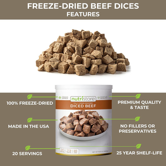 Nutristore Freeze Dried Beef Dices | Pre-Cooked Meat for Backpacking, Camping, Meal Prep | Long Term Survival Emergency Food Supply | 25 Year Shelf Life | Bulk #10 Can | Made in USA (4-Pack)