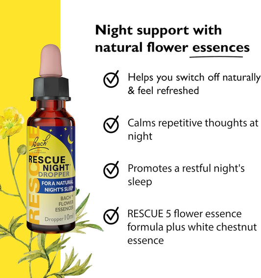 Rescue Night Dropper (10Ml), For A Natural Night'S Sleep, Natural Flower Essences, Helps Switch Off From Repetitive Thoughts, Disconnect From Distractions, Night Support, Aid A Restful Night