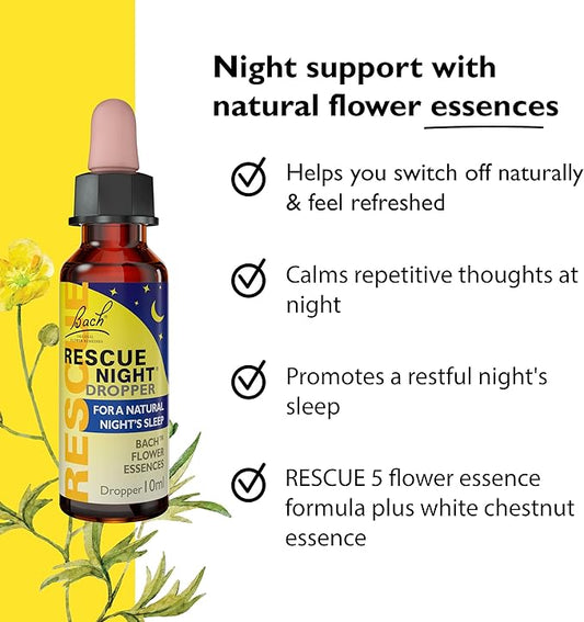 Rescue Night Dropper (10ml), For A Natural Night's Sleep, Natural Flower Essences, Helps Switch Off From Repetitive Thoughts, Disconnect from Distractions, Night Support, Aid a Restful Night