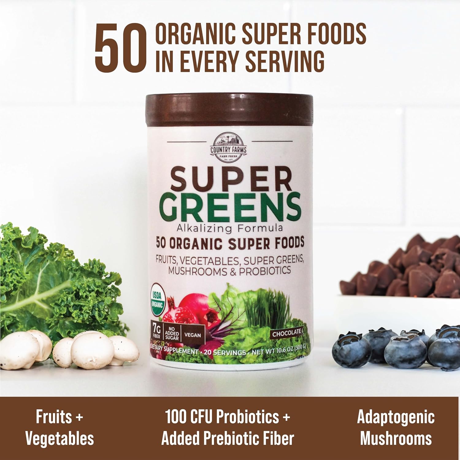 COUNTRY FARMS Super Greens Chocolate Flavor, 50 Organic Super Foods, USDA Organic Drink Mix, Fruits, Vegetables, Super Greens, Mushrooms & Probiotics, Supports Energy, 40 Servings, 10.6 Oz, 2 Pack : Everything Else