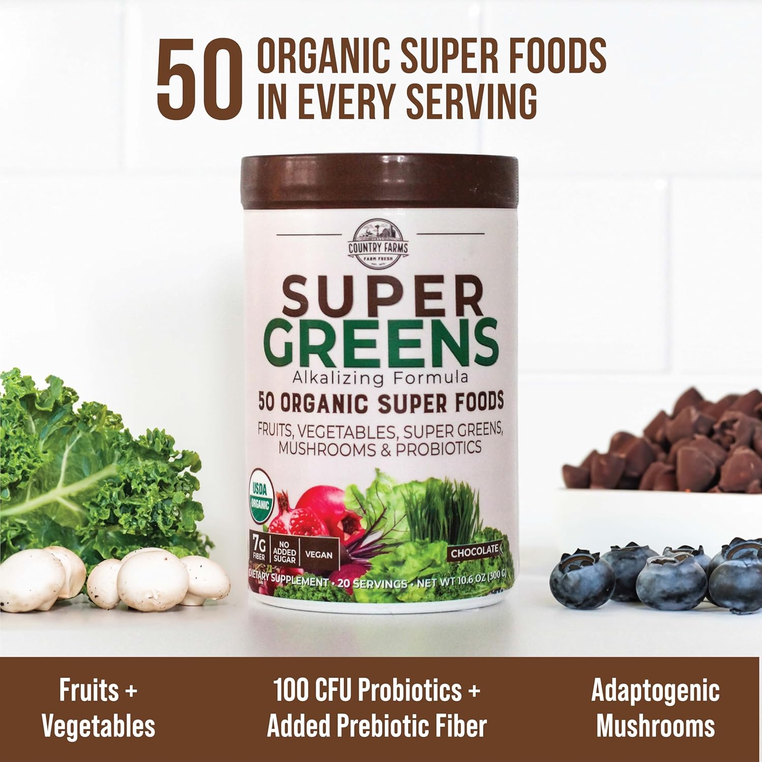 COUNTRY FARMS Super Greens Chocolate Flavor, 50 Organic Super Foods, USDA Organic Drink Mix, Fruits, Vegetables, Super Greens, Mushrooms & Probiotics, Supports Energy, 20 Servings, 10.6 Oz