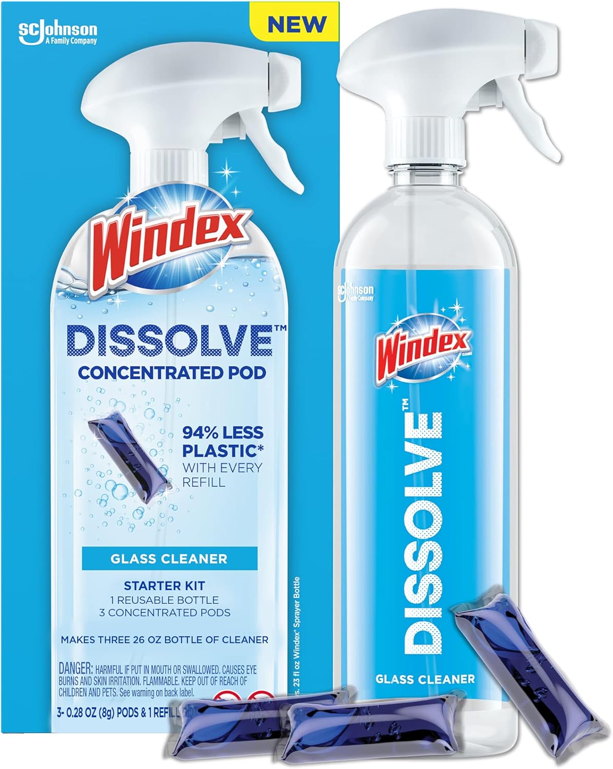 Windex Dissolve Concentrated Pods, Glass Cleaner Starter Kit Contains 1 Reusable Bottle, 3 Concentrated Dissolvable Pod