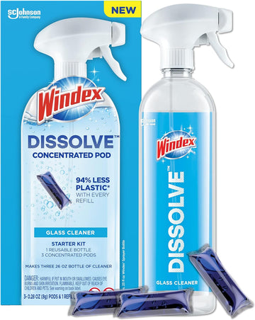 Windex Dissolve Concentrated Pods, Glass Cleaner Starter Kit contains 1 Reusable Bottle, 3 Concentrated Dissolvable Pod