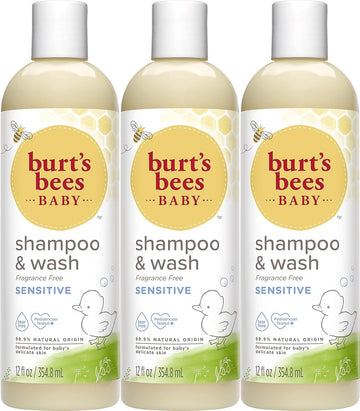 Burt's Bees Baby Shampoo and Wash Set, Fragrance Free, 2-in-1 Natural Origin Plant Based Formula for Sensitive Skin, Hypoallergenic, Tear-Free, Pediatrician Tested, Travel Size, 12 Fl Oz (Pack of 3)