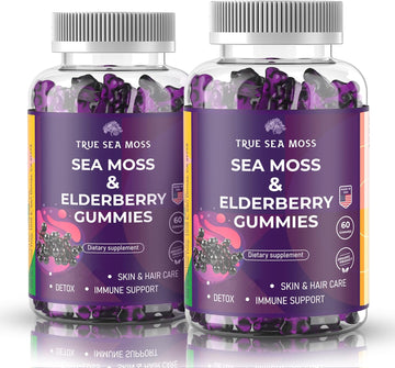 Sea Moss Gummies with Elderberry, Contains Irish Sea Moss, Elderberry Extract, Burdock Root, Bladderwrack, Sodium - 60 pcs Seamoss Gel Gummies for Thyroid, Immune Support, Energy, Pack of 2