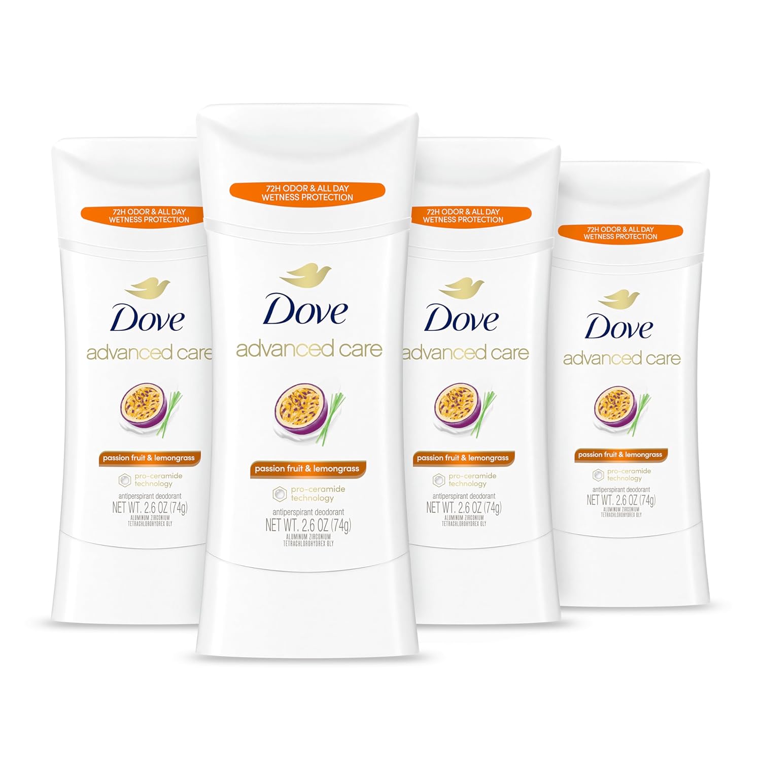 Dove Advanced Care Antiperspirant Deodorant Stick Passion Fruit & Lemongrass Scent 4 Count Antiperspirant Deodorant With Pro Ceramide Technology 72-Hour Odor Control And All-Day Sweat Protection 2.6Oz