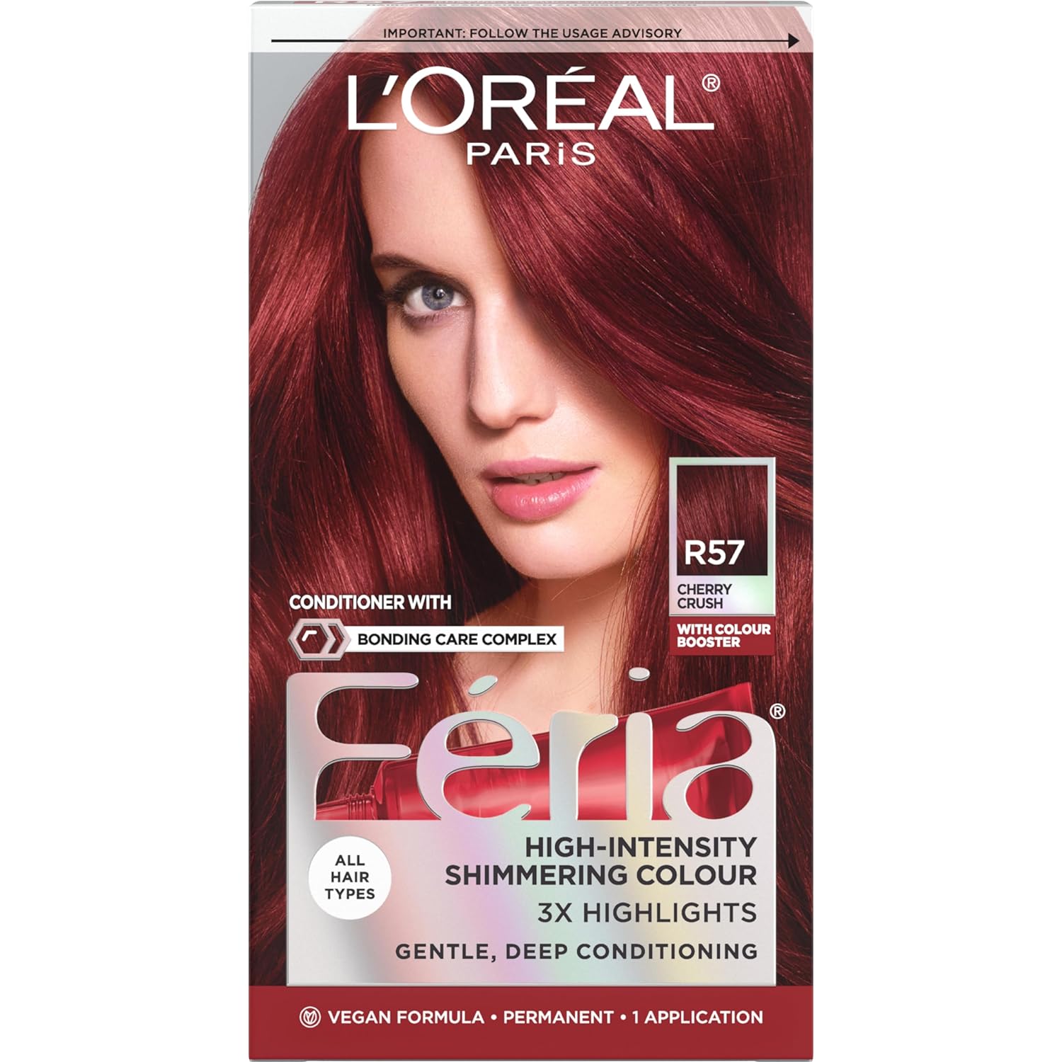 L'Oreal Paris Feria Multi-Faceted Shimmering Permanent Hair Color, R57 Cherry Crush (Intense Medium Auburn), Pack Of 1, Hair Dye