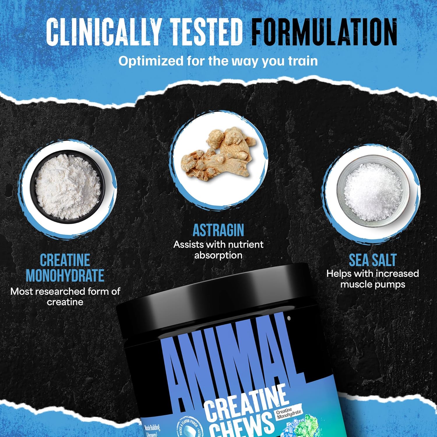 Animal Creatine Chews Tablets - Enhanced Creatine Monohydrate With Astragin To Improve Absorption, Sea Salt For Added Pumps, Delicious And Convenient Chewable Tablets - Lemon Ice