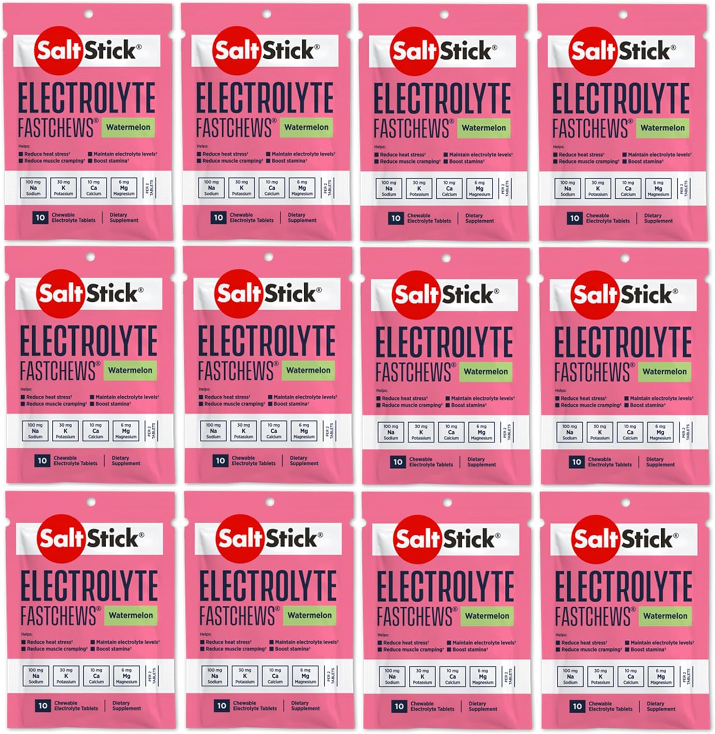 Saltstick Electrolyte Fastchews Chewable Tablets | 120 Count - Watermelon | Salt Tablets For Runners, Sports Nutrition, Hydration Tablets, Electrolyte Chews | 12 Packets Of 10 Tablets Each