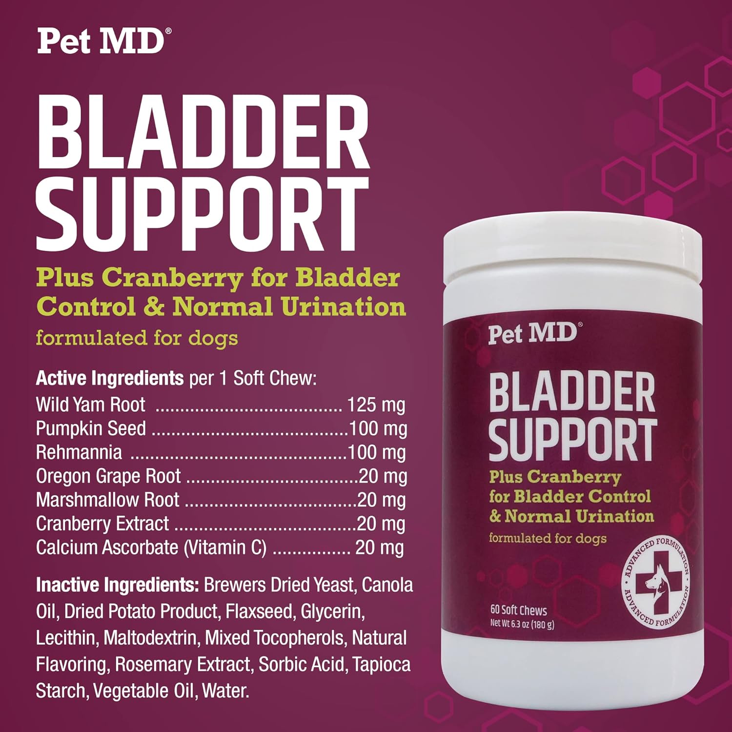 Pet MD Bladder Support Plus Cranberry for Dogs - Support Bladder Control & Urinary Tract Health - Help Relieve Dog UTI & Incontinence - Wild Yam Root & Cranberry Bladder Bites for Dogs - 60 ct : Pet Supplies