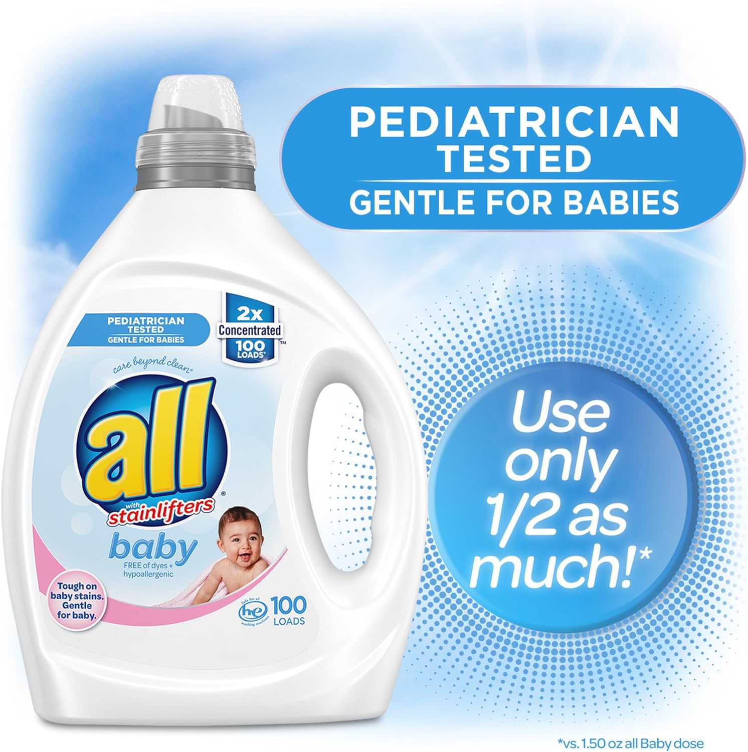 All Liquid Laundry Detergent, Gentle For Baby, Hypoallergenic & Free Of Dyes, 2X Concentrated, 100 Loads