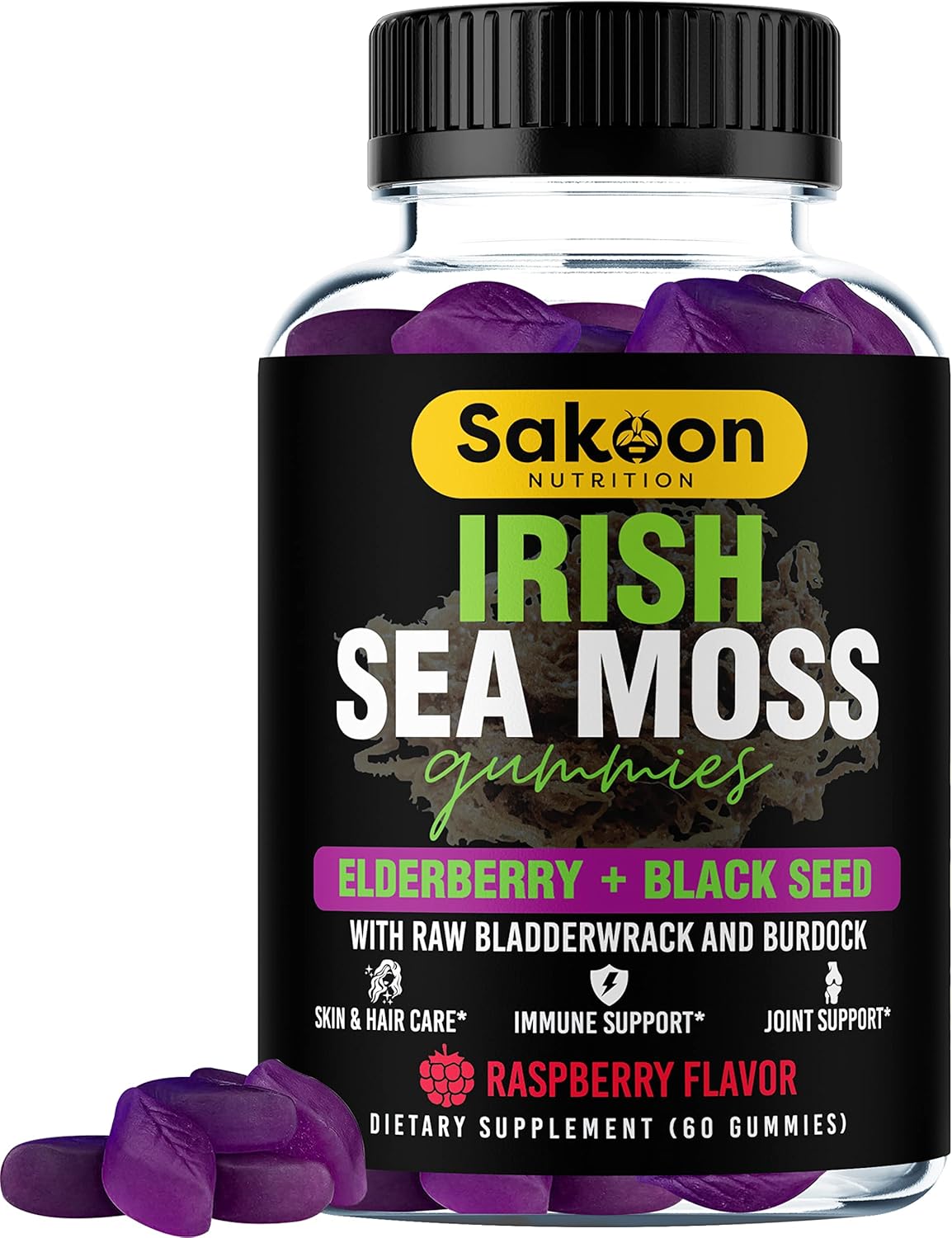 Sakoon Nutrition Irish Sea Moss Gummies W/Elderberry & Black Seed Oil - Beauty, Joints & Immune Support | Rich In Vitamins, Raspberry Flavor | 60 Gummies