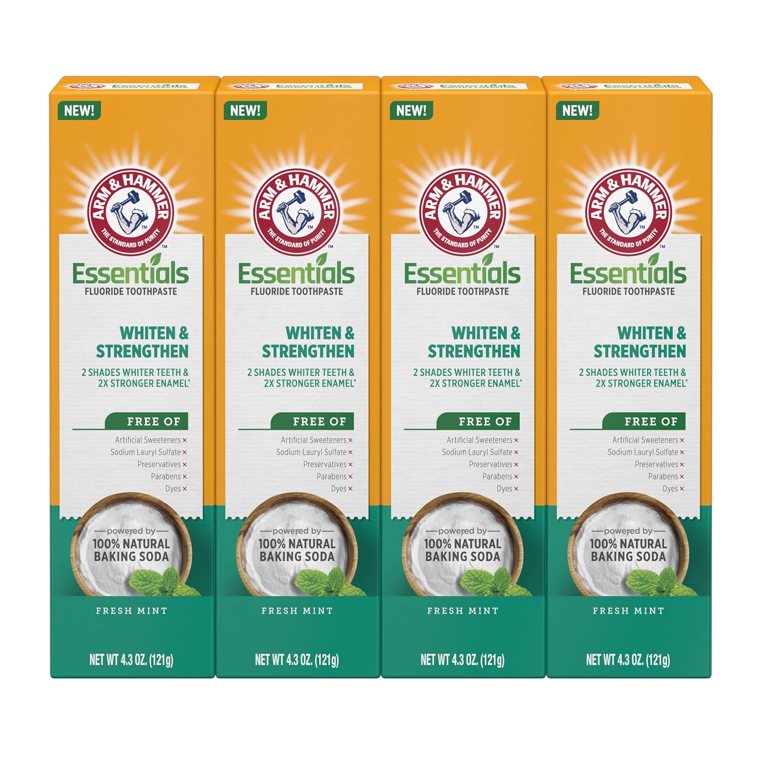 Arm & Hammer Essentials Whiten & Strengthen Fluoride Toothpaste-4 Pack Of 4.3Oz Tubes, Fresh Mint- 100% Natural Baking Soda- Fluoride Toothpaste