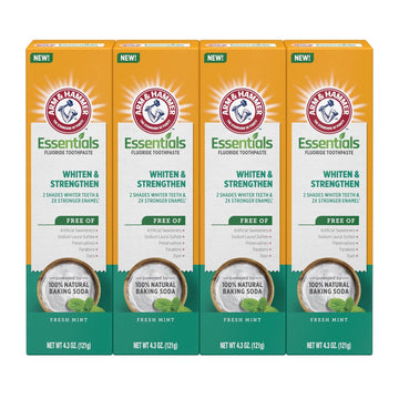 Arm & Hammer Essentials Whiten & Strengthen Fluoride Toothpaste-4 Pack Of 4.3Oz Tubes, Fresh Mint- 100% Natural Baking Soda- Fluoride Toothpaste