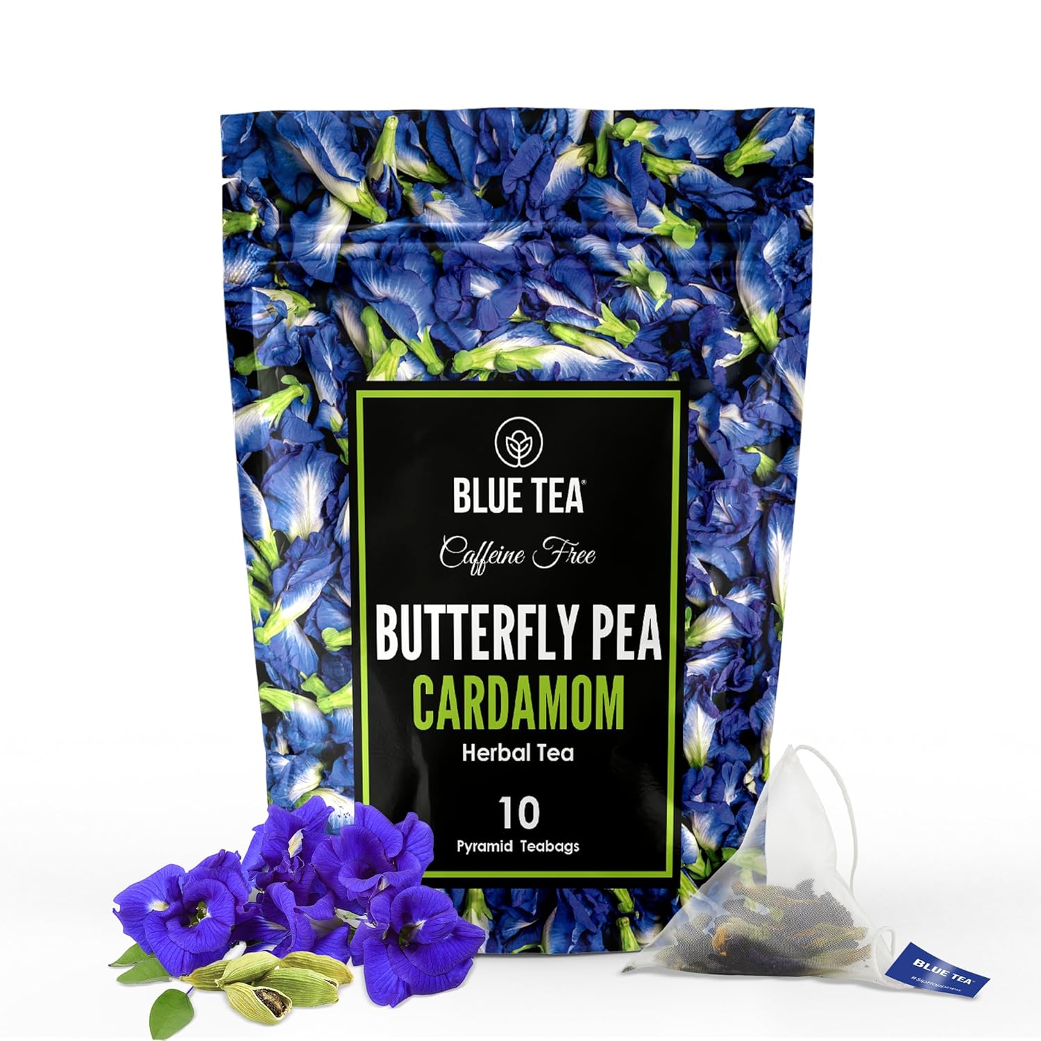 Blue Tea - Butterfly Pea Flower Cardamom Tea - 10 Tea Bags (Plant Based ) | Antioxidant Rich | Herbal Tea - Caffeine Free - Non-Bitter - Flower Based - Vegan - Non-Gmo- Natural Ingredients | Zipper Pack