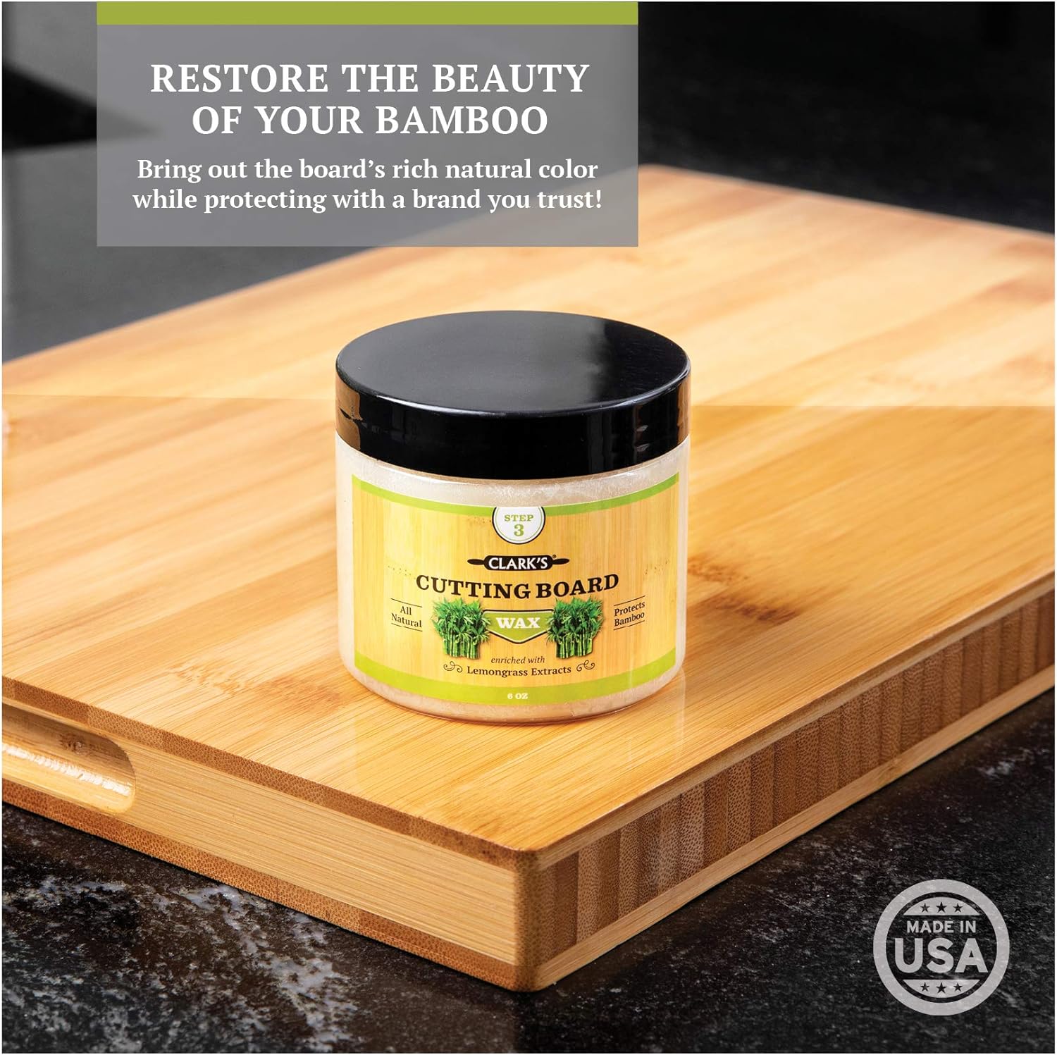 CLARK'S Bamboo Cutting Board Care Kit - Includes Mineral Oil (12oz) and Carnauba Beeswax (6oz) - Enriched with Lemongrass Extract - Bamboo Cutting Board Oil Food Grade - Cutting Board Wax Bamboo : Health & Household