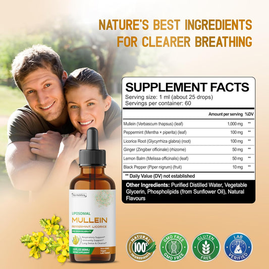 Mullein With Peppermint, Ginger & Licorice – Advanced Formula – Respiratory Support, Immunity Support & Lung Detox & Cleanse* – Net Wt. 2.0 Fl Oz (60Ml) – Made In The Usa