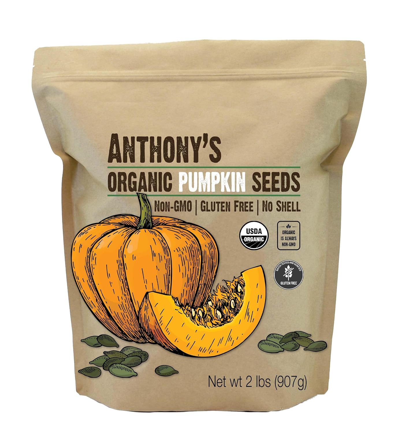 Anthony'S Organic Pumpkin Seeds, 2 Lb, Gluten Free, Non Gmo, No Shell, Unsalted, Raw