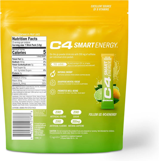 C4 Smart Energy Powder Stick Packs - Sugar Free Performance Fuel & Nootropic Brain Booster, Coffee Substitute Or Alternative | Yuzu Lime - 20 Count