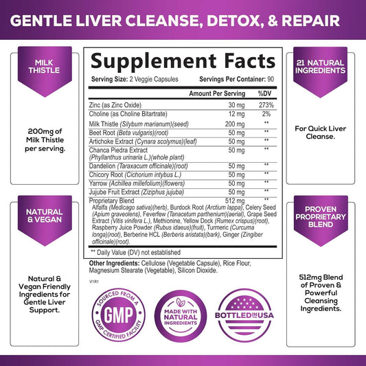 Gentle Liver Cleanse Detox & Repair Formula - Herbal Liver Support Supplement: Milk Thistle with Silymarin, Artichoke Extract, Dandelion, Beet, Chicory Root, & Turmeric for Liver Health - 180 Capsules