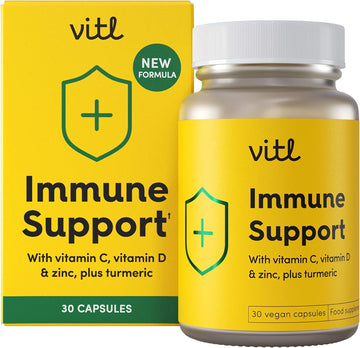 Vitl Immune Support Supplement - 30 Vegan Capsules - With Vitamin D, Vitamin C, Folate, Zinc, Turmeric & Elderberry Extracts - 1 Month Supply
