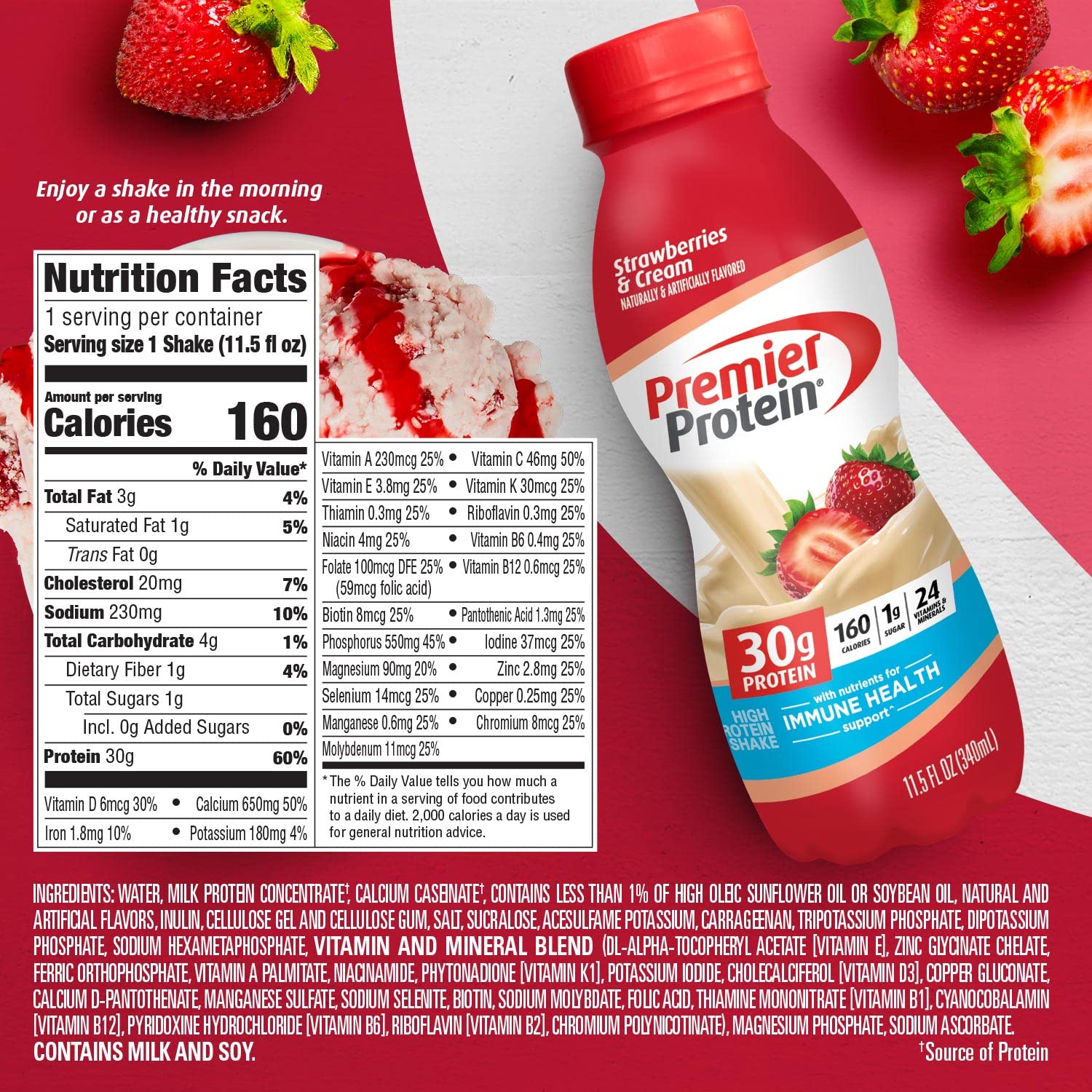 Premier Protein Liquid Protein Shake -24 Vitamins & Minerals/Nutrients To Support Immune Health, Strawberries, 11.5 Fl Oz Bottle (Pack Of 12)