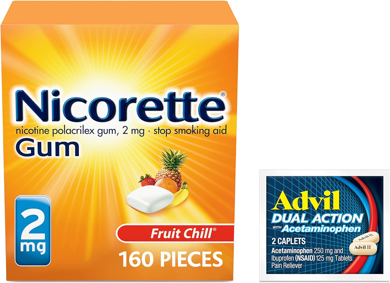 Nicorette 2 mg Nicotine Gum to Help Quit Smoking - Fruit Chill Flavored Stop Smoking Aid, 1-Pack, 160 Count, Plus Advil Dual Action Coated Caplets with Acetaminophen, 2 Count