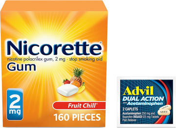 Nicorette 2 mg Nicotine Gum to Help Quit Smoking - Fruit Chill Flavored Stop Smoking Aid, 1-Pack, 160 Count, Plus Advil Dual Action Coated Caplets with Acetaminophen, 2 Count