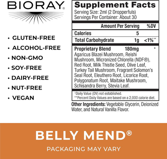 Bioray Daily Belly Mend - 2 Fl Oz - 11-Strain Probiotic Blend With Medicinal Mushrooms - Supports Healthy Gut & Bowel Functions - Non-Gmo, Vegetarian, Gluten Free