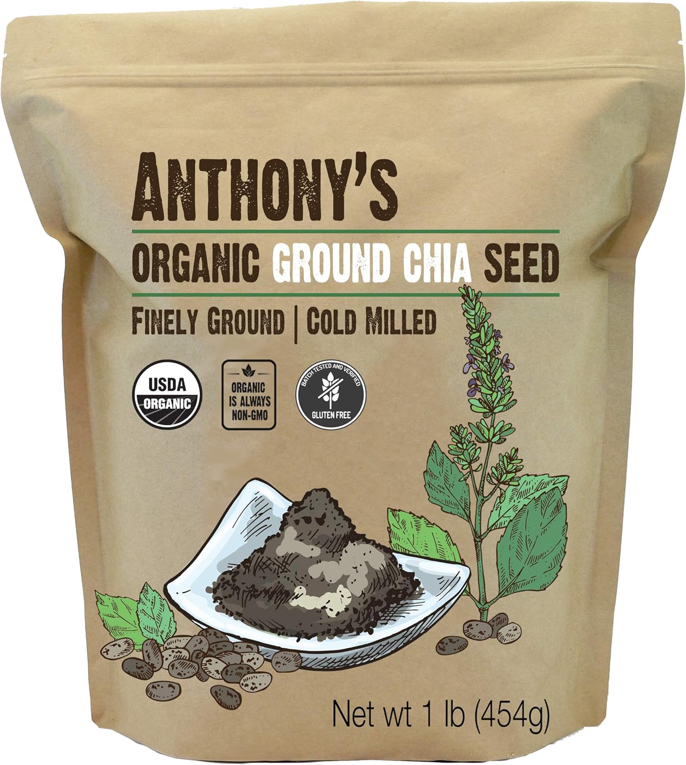 Anthony'S Organic Ground Chia Seed, 1 Lb, Finely Ground, Cold Milled, Gluten Free, Non Gmo